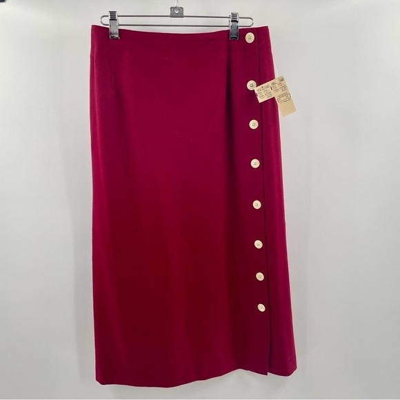 NWT Cassidy Vintage 100% Wool Lined Burgundy Maxi Button Accented Pockets Skirt - Picture 1 of 9